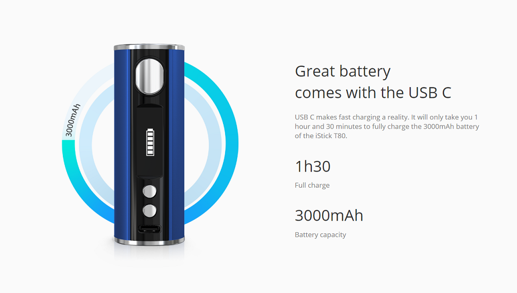 Eleaf iStick T80 Mod Great battery comes with the USB C