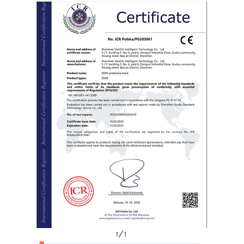 Venfish KN95 Protective Face Mask CE certificate