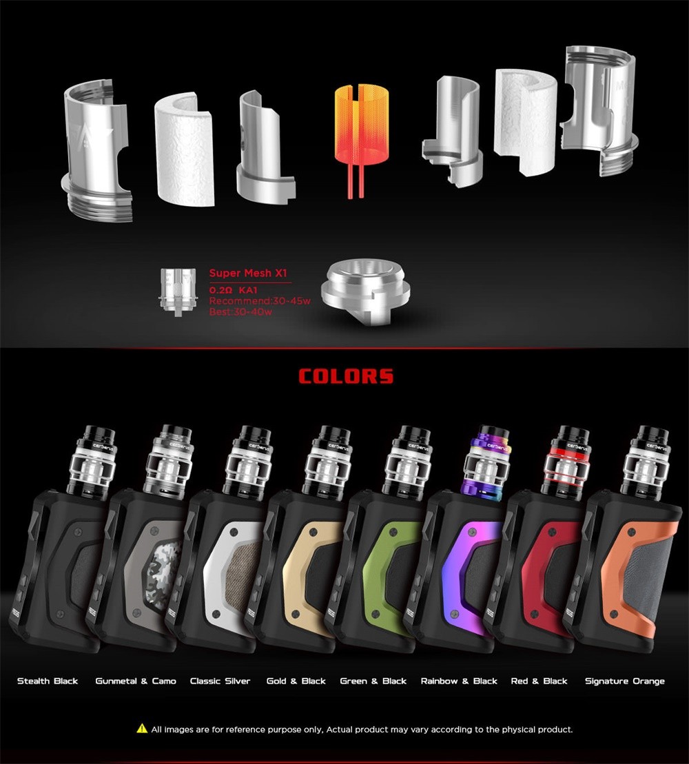 Geekvape Aegis X Kit component and colors