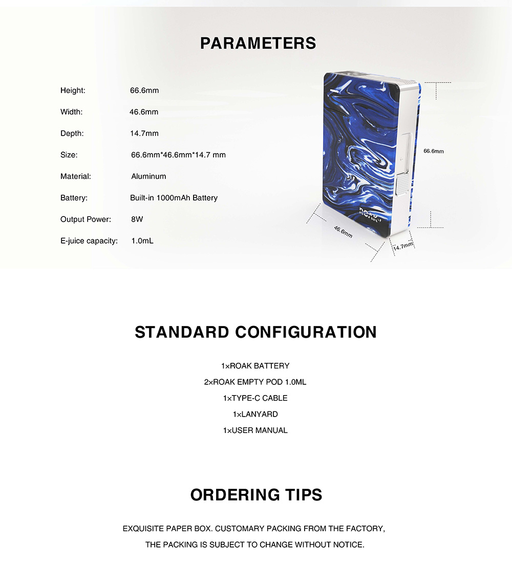 Myvapors Roak Box Pod Kit parameters