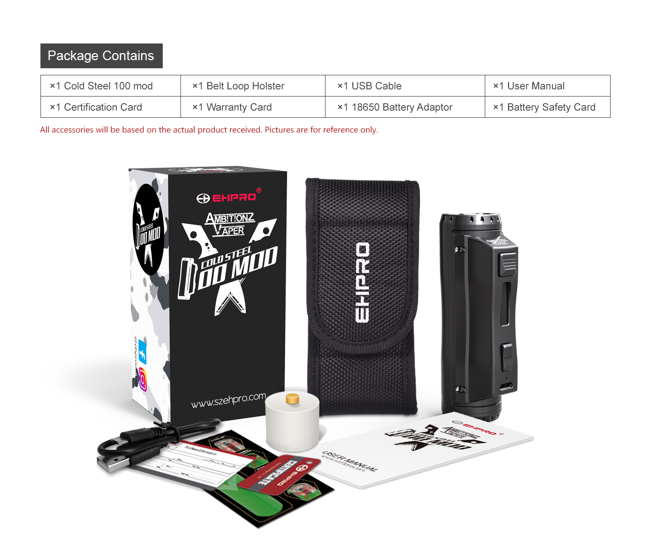 Ehpro Cold Steel 100 TC Box Mod 120W Package Contains
