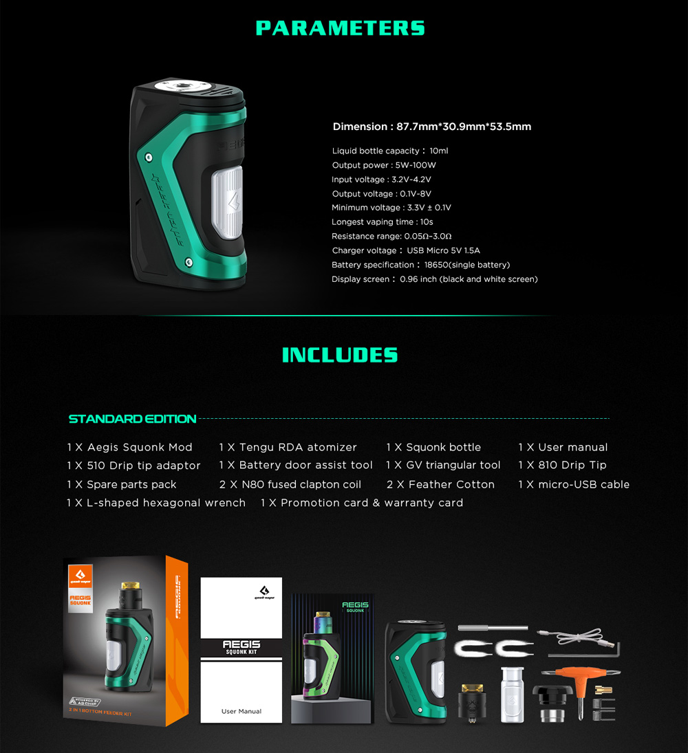 GeekVape Aegis Squonker Kit parameters and package