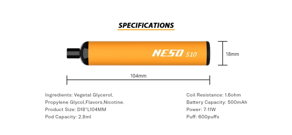 Rincoe Neso S10 Disposable Vape Pen Specifications